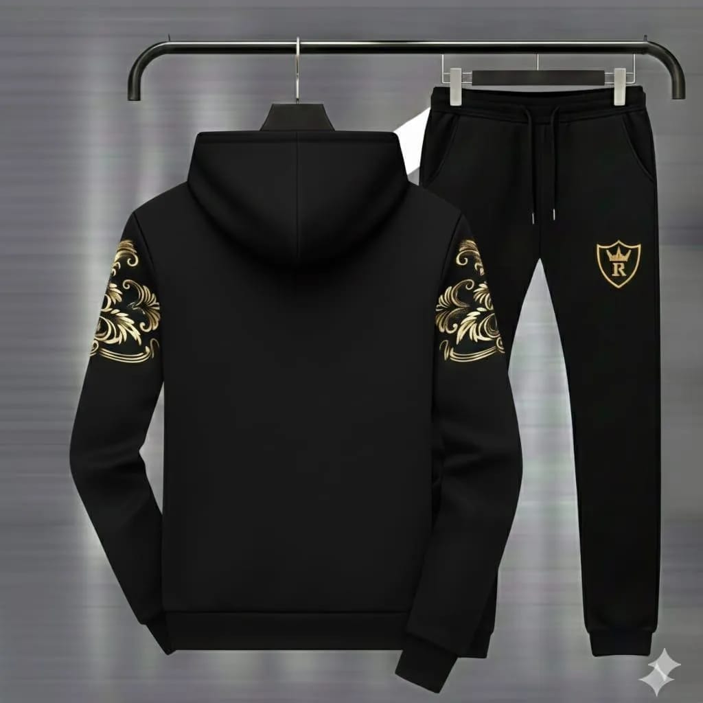 Premium black hoodie set with a royal gold crest (R) Logo