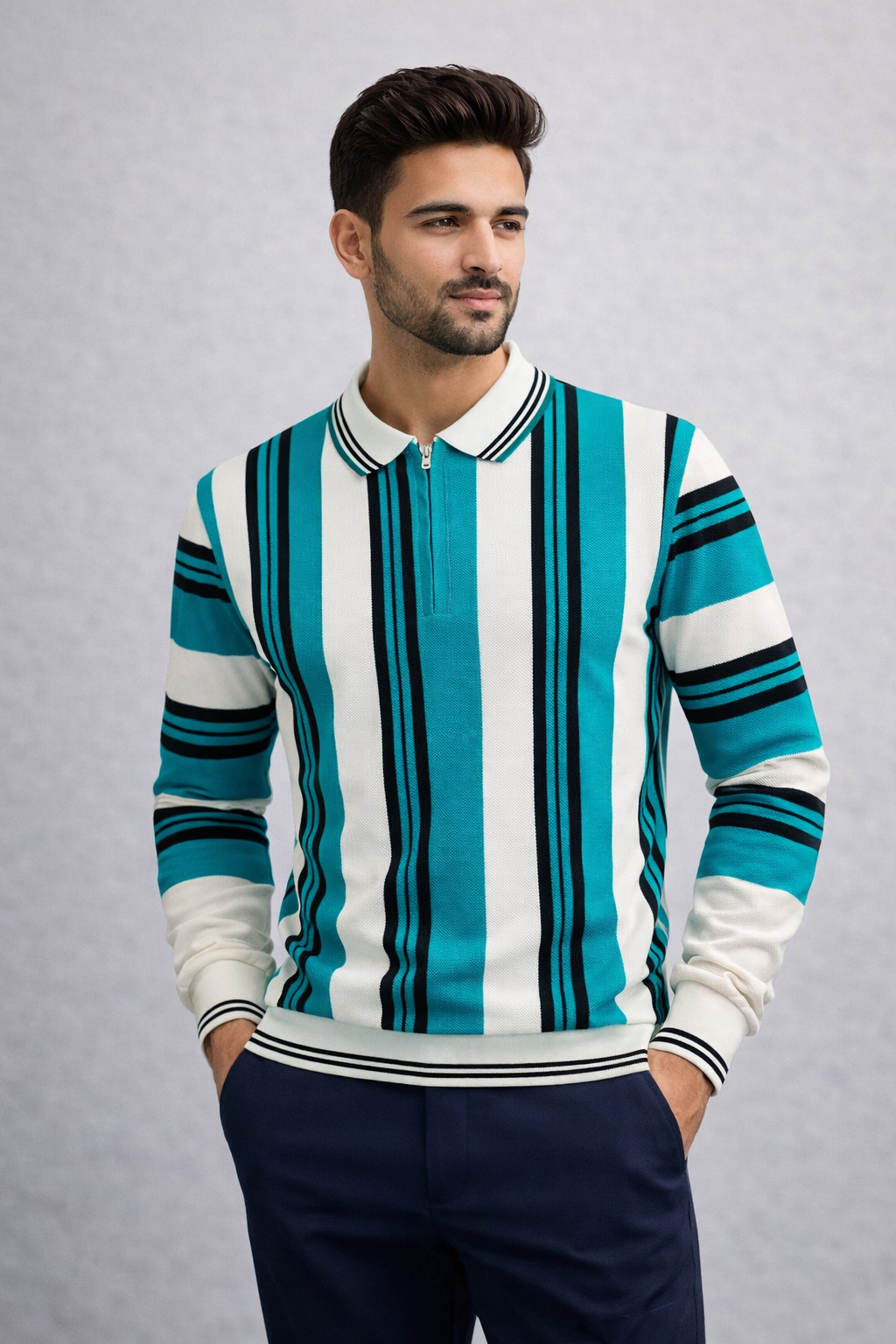 Premium Old Money Striped Short-Zip Shirt – Premium Imported Fabric | Classic Luxury Look