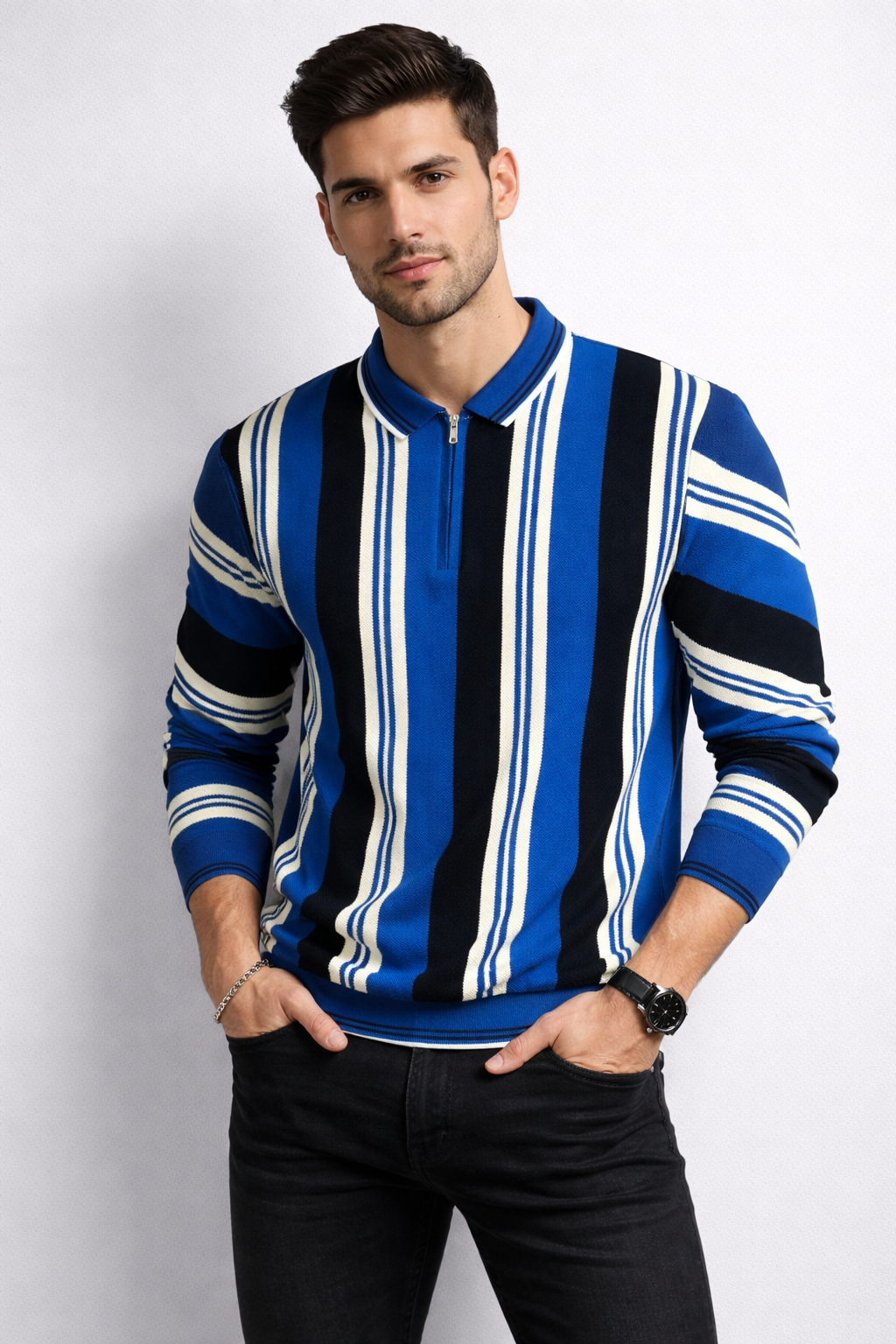 Premium Old Money Striped Short-Zip Shirt – Premium Imported Fabric | Classic Luxury Look