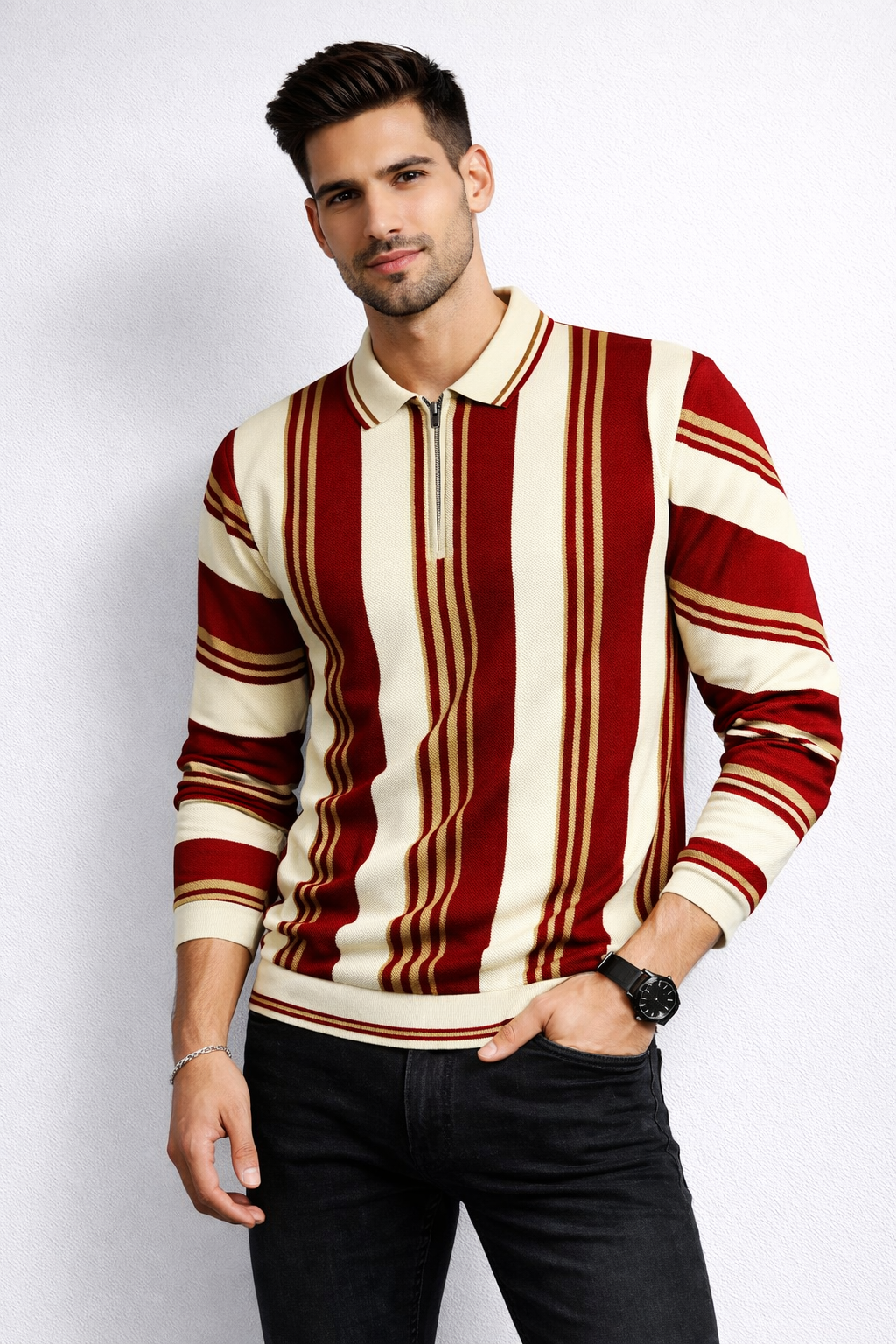Premium Old Money Striped Short-Zip Shirt – Premium Imported Fabric | Classic Luxury Look