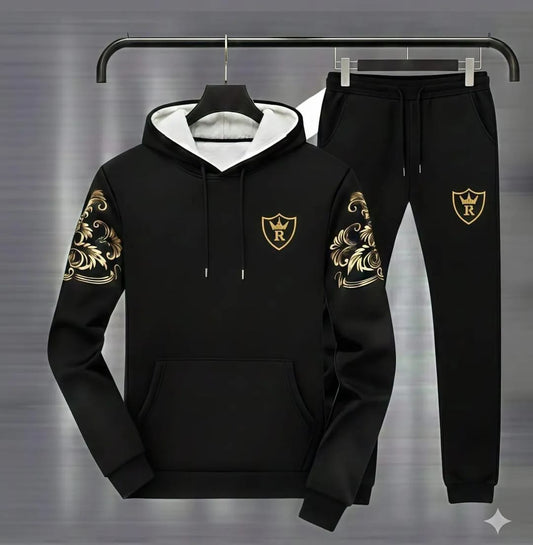 Premium black hoodie set with a royal gold crest (R) Logo